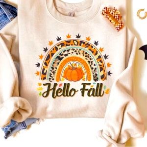 Hello Fall Leopard pumpkin leaves Crewneck Sweatshirt S M L XL